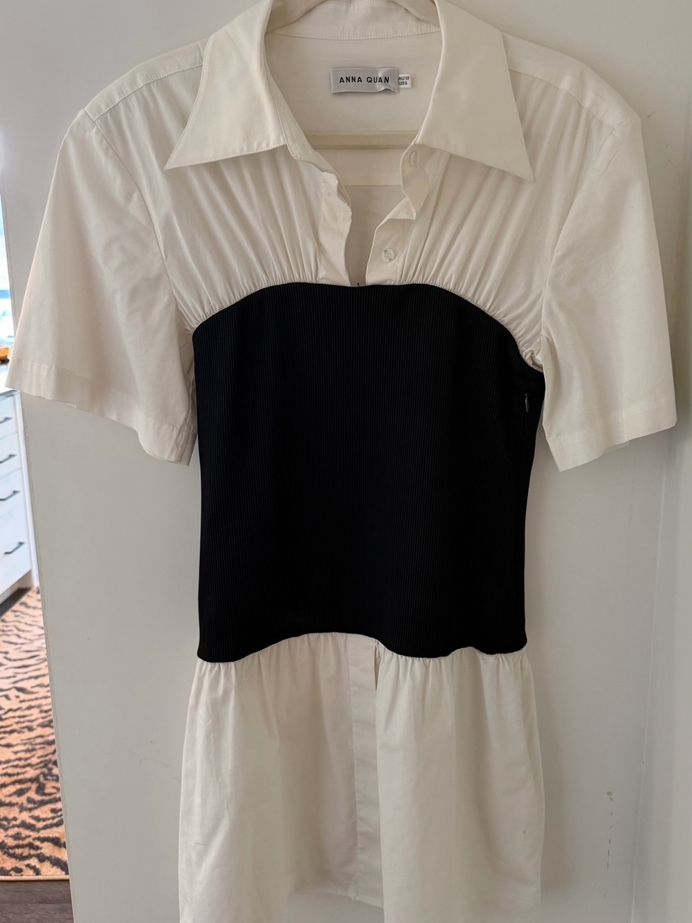 Anna Quan Black and White Mixed-Material Button-Down Top